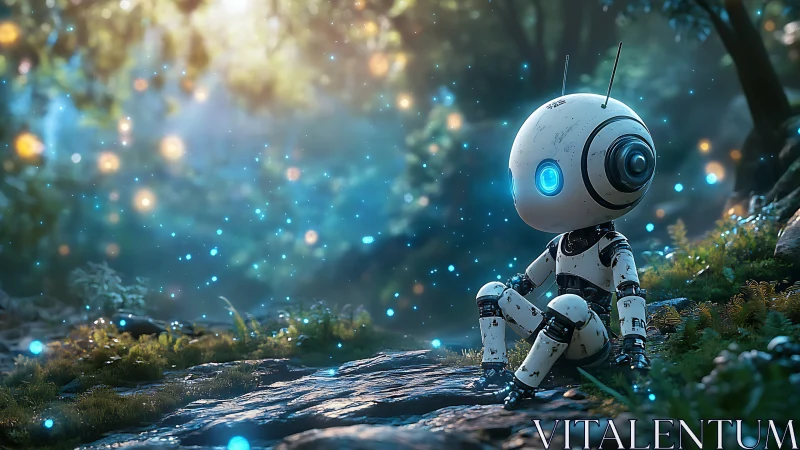 Curious little robot rests in a glowing, enchanted forest clearing