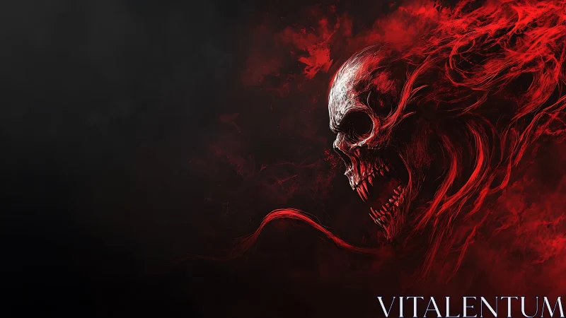 Red spectral skull in dark smoke with aggressive motion.