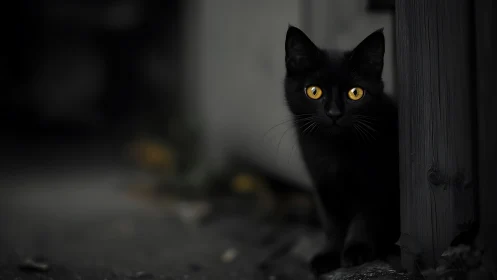 Black Cat Portrait with Golden Eyes in Shadowed Setting.