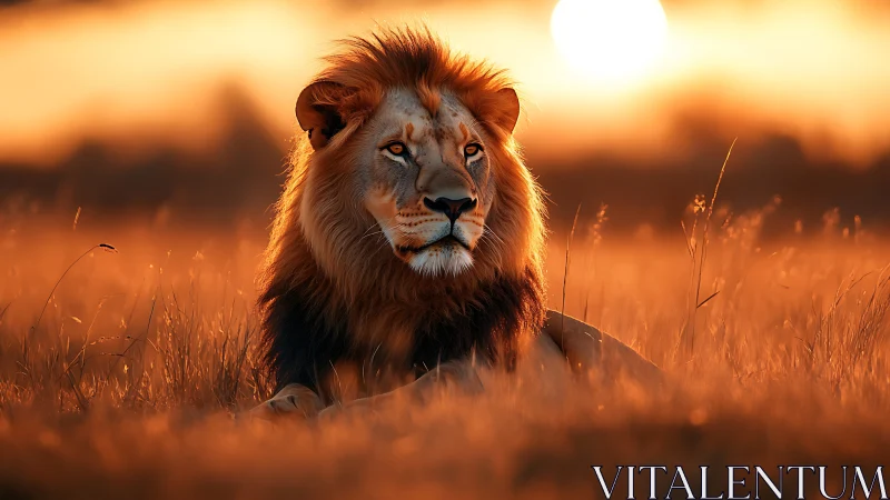 Majestic lion rests in glowing savanna sunset light.