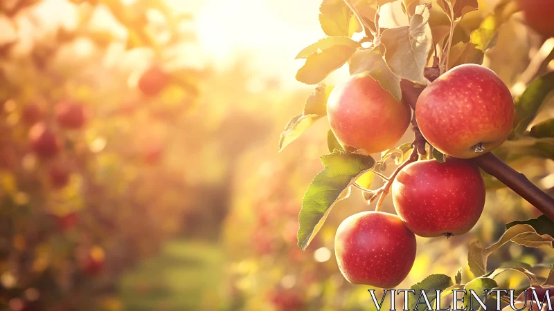 Ripe red apples glowing on sunlit orchard branch at dusk.