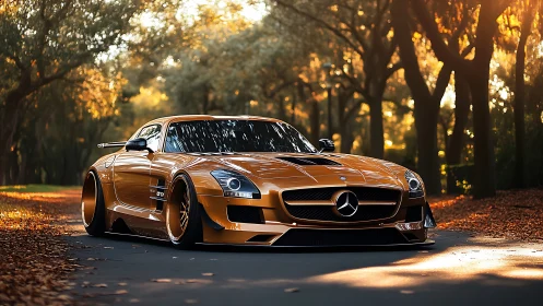 Widebody Mercedes coupe rendered in cinematic autumn lighting