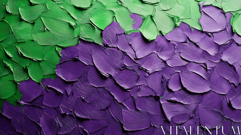 Green and purple impasto strokes form layered abstract texture