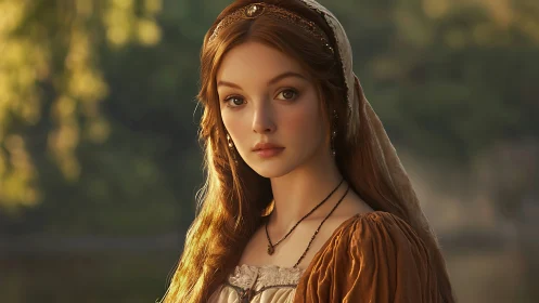 Renaissance style portrait of young woman outdoors at dusk.