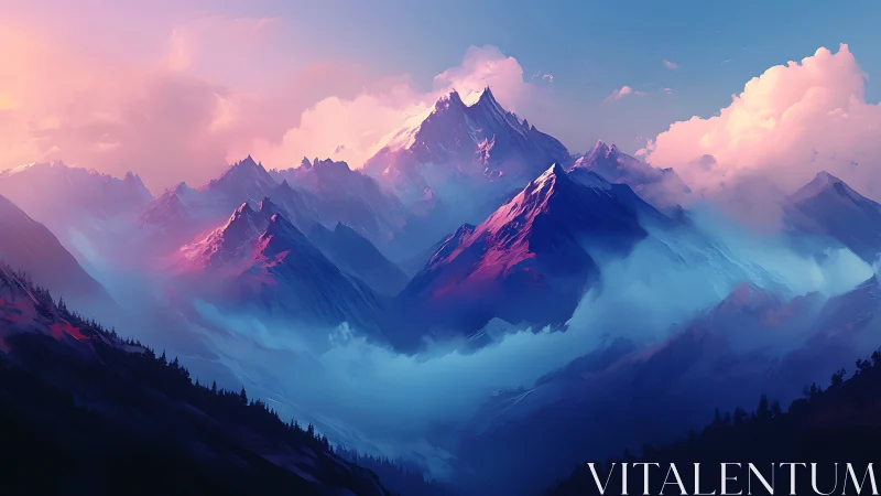 Sunlit alpine peaks rising through violet twilight mists.