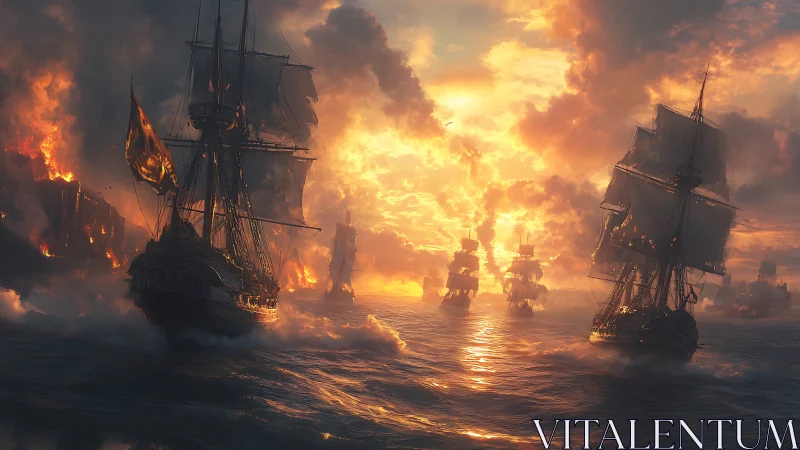 Glowing sea battle unfolds beneath a fiery golden sunset.