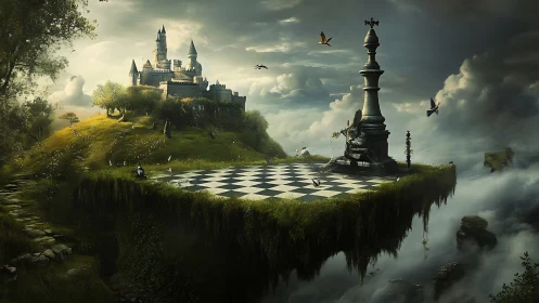 Floating chess kingdom above misty cliffs of wonder.