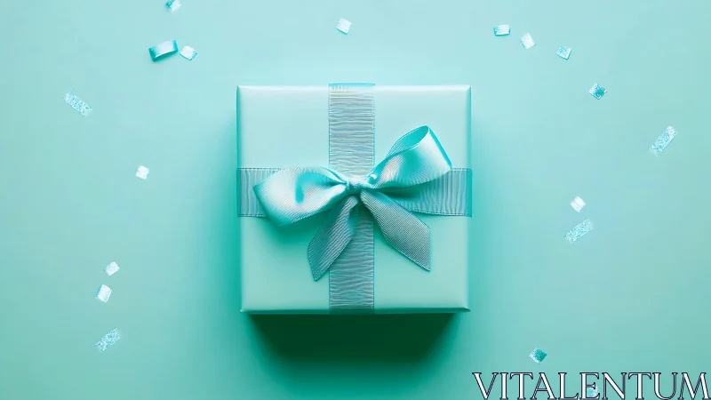 Delightful turquoise gift box with silk bow awaits a special celebration.