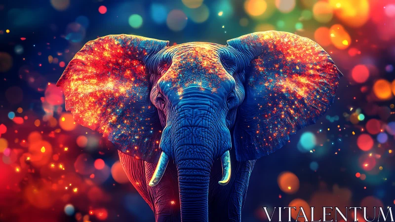 Elephant portrait with luminous ears and multicolor bokeh background.