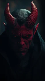 Infernal horned demon portrait in shadowed red light.