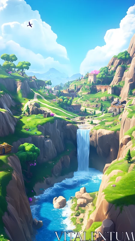 Stylized fantasy valley landscape shows waterfall and village