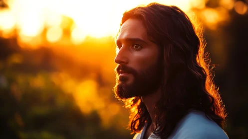 Sunlit bearded man in serene side profile at golden hour.