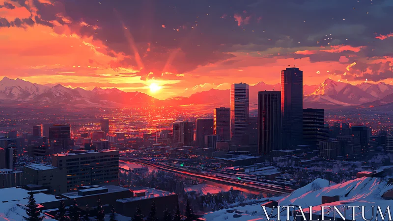 Digital cityscape sunset over snowy mountain skyline.