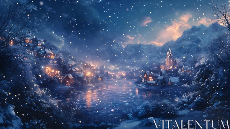 Snowlit alpine village glows beside a tranquil winter river.