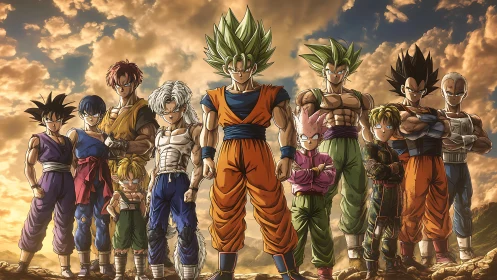 Group of anime warriors stands in dramatic sunset landscape