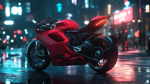 Rain-slick neon streets crown a crimson superbike in wait