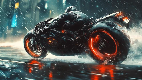 Motorcyclist leans through wet city street on glowing wheels