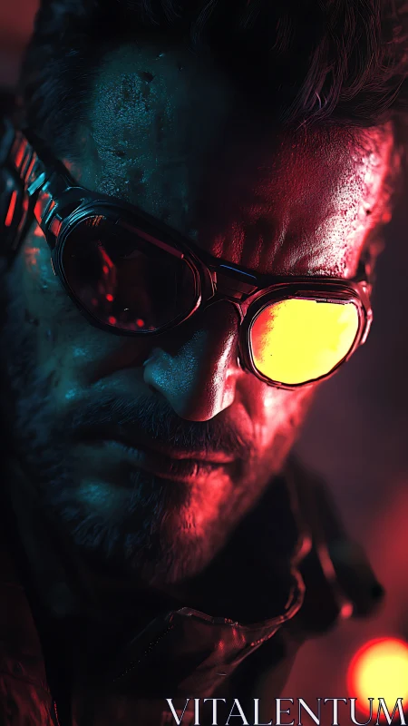 Brooding neon-lit wanderer with glowing cyber goggles.