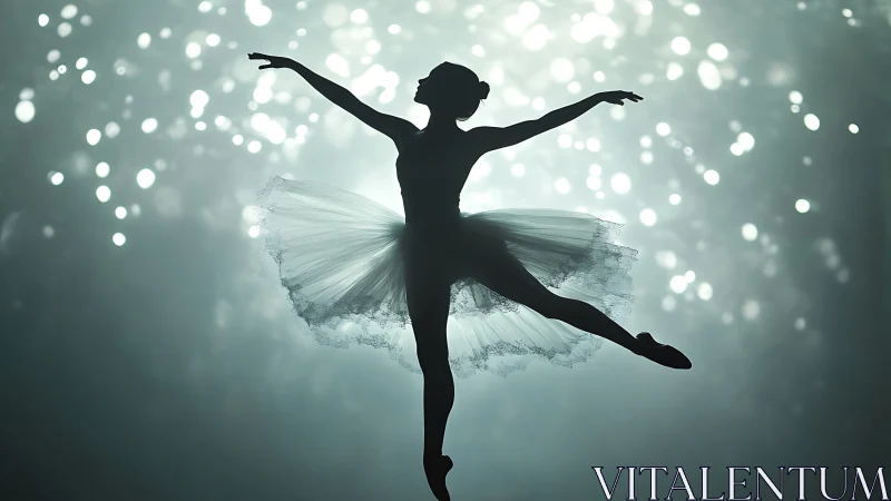 Silhouette of ballet dancer against defocused stage lights.