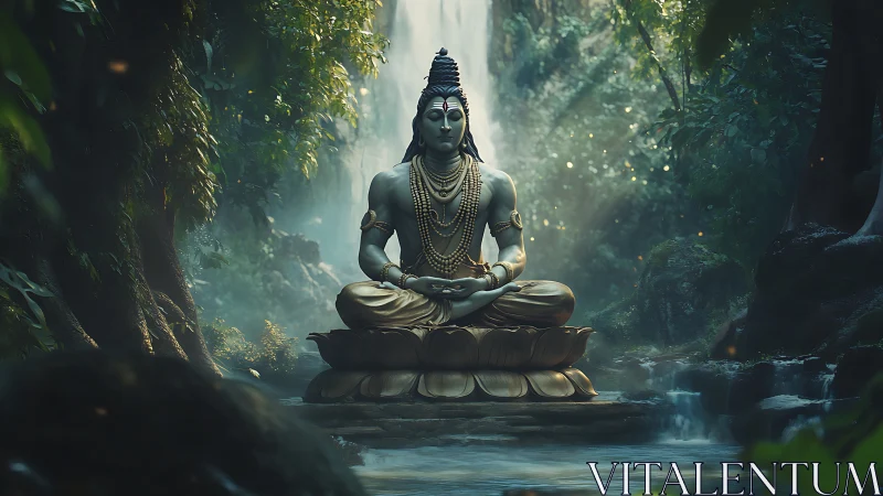 Serene meditative deity statue on lotus pedestal in misted rainforest