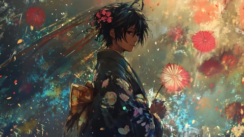 Gentle festival moment as a kimono-clad youth holds a lantern