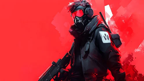 Vivid cyber guardian standing bold against red chaos.