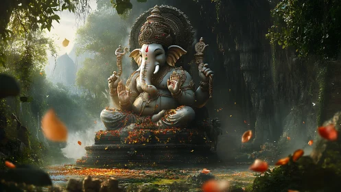 Ornate Ganesh stone sculpture in volumetric jungle light.