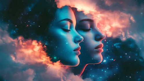 Dual astral portraits embedded in chromatic nebular cloudfields.