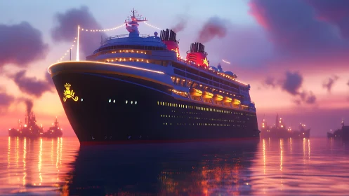 Sunset cruise ship glowing over calm storybook waters.