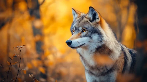 High-detail wolf portrait in shallow-depth autumn forest lighting