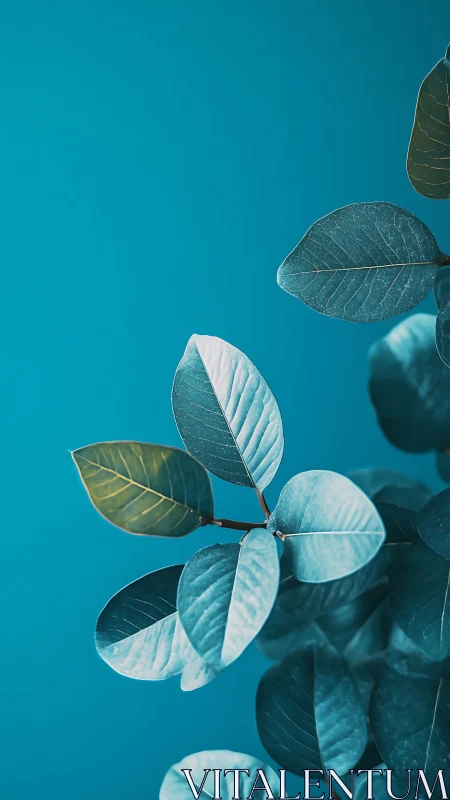 Soft teal leaves drift gently against a tranquil blue field