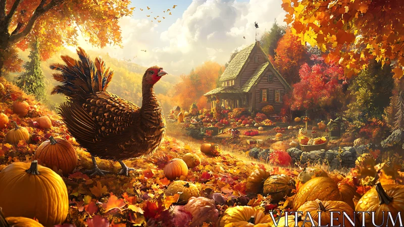 Autumn turkey patrol guards a glowing pumpkin homestead.