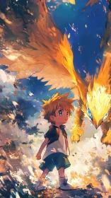 Boy and blazing phoenix rendered in dynamic anime brushwork