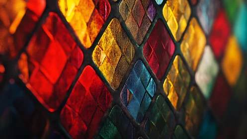 Vibrant stained glass window with diamond pattern, abstract style.