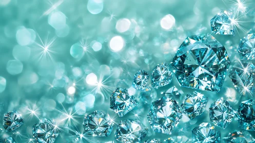 Photorealistic aquamarine diamonds with bokeh sparkle field.