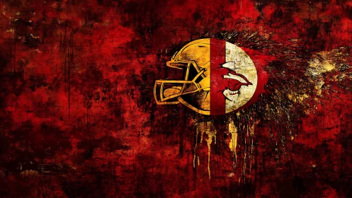 Explosive red football helmet bursts through gritty canvas.