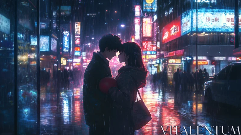 Rainlit city lovers sharing neon hush in midnight streets.