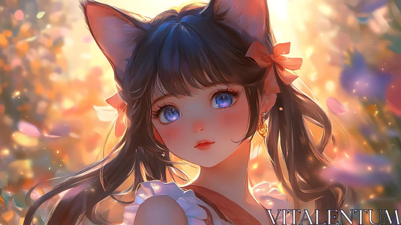 Cat-eared girl in glowing garden light with gentle gaze.