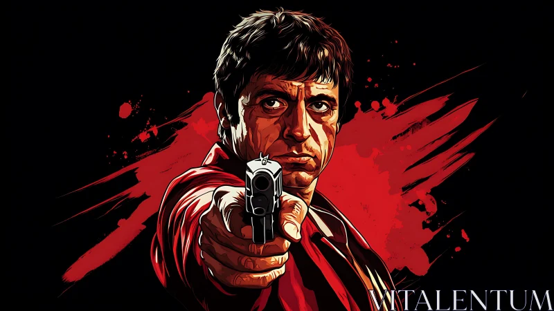 Illustrated male figure points handgun toward the viewer