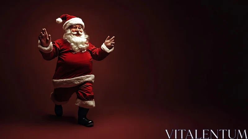 Joyful Santa Claus walking against dark red backdrop.