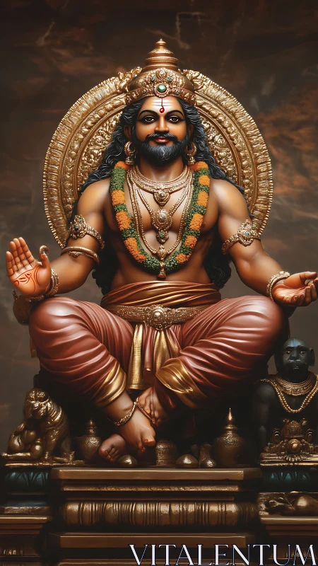 Photorealistic seated deity sculpture with ornate aureole and garlands