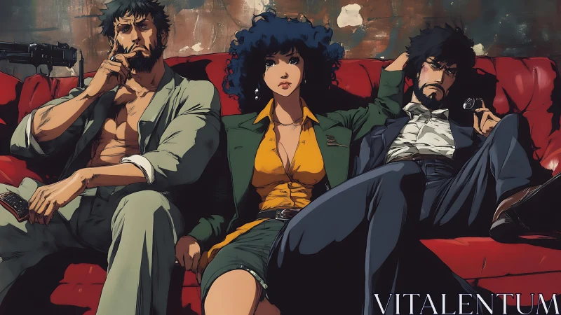 Crumpled detectives lounge on crimson couch between gunfights