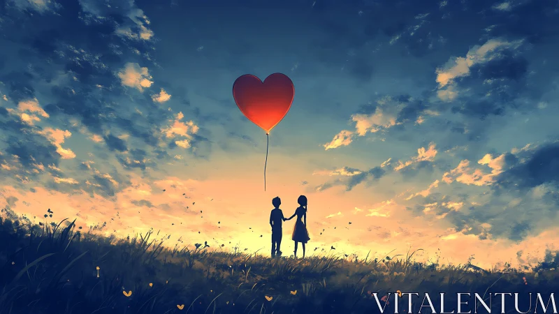 Two figures hold red heart-shaped balloon against dramatic sky