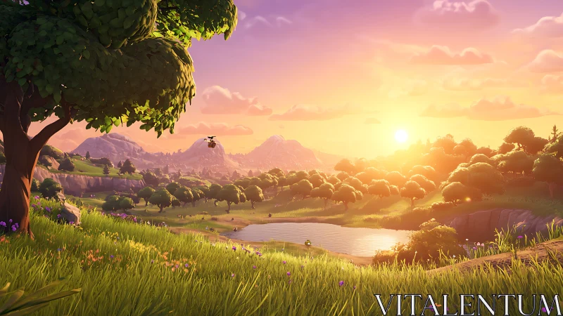 Golden sunset bathes stylized hills and lake in warm light