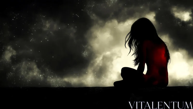 Luminous girl in starlit dusk, cradled by cosmic shadow.