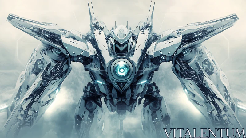 Futuristic combat mech with luminous core and winged armor.