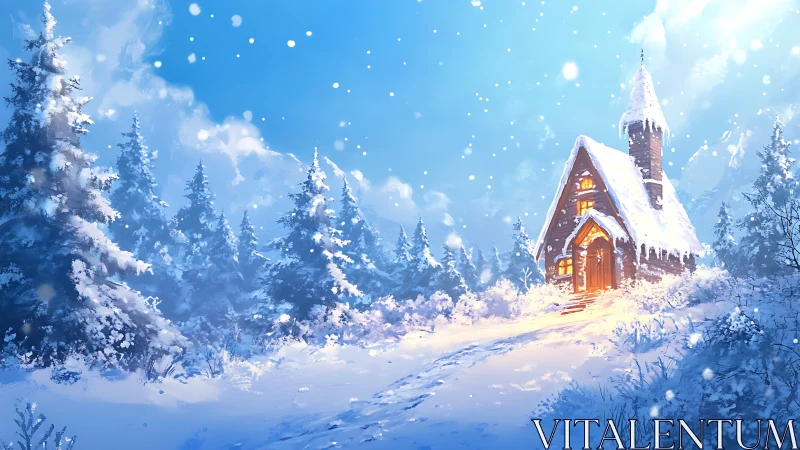 Digital painting of snowy chapel amid alpine conifer forest.