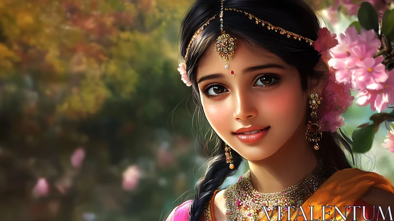 Blossom crowned maiden smiling in jeweled spring light.