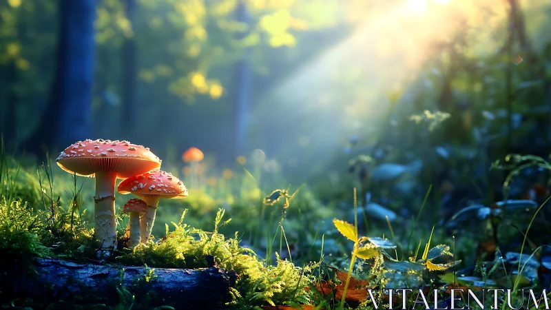 Backlit fly agaric mushrooms in shallow-depth forest microhabitat.