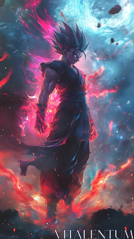 Saiyan warrior ignites cosmic storm with dual energy aura.